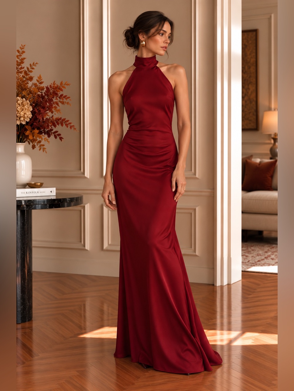 Commense Burgundy Red Open Back Satin Halter Maxi Dress XS